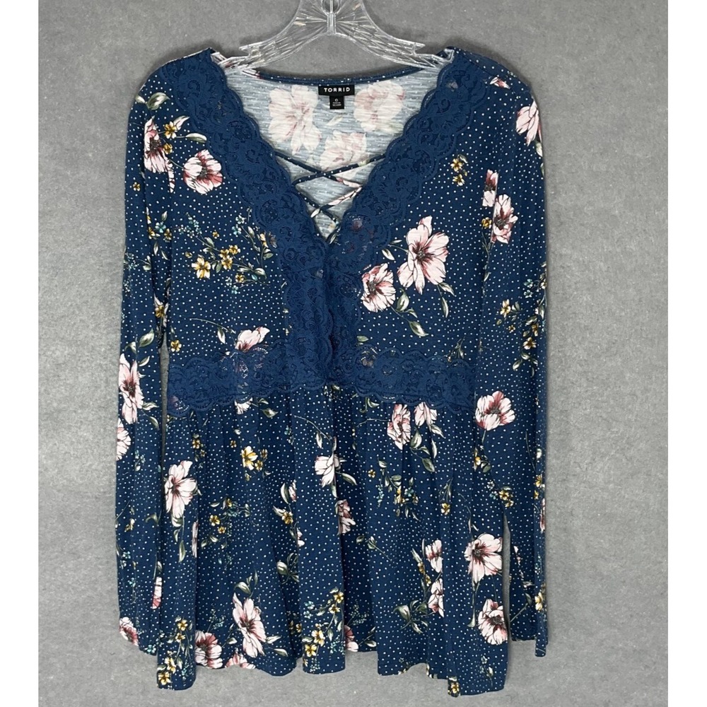 Torrid Top Womens Sz L Blue Floral Polka Dot Lace Blouse Babydoll Boho Peasant